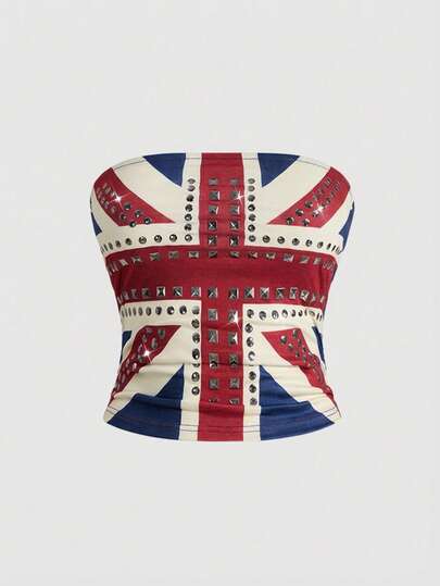 ROMWE Grunge Punk Spring Summer Party Women's Y2K Vintage UK Flag Print Rhinestone Rivet Embellished Top