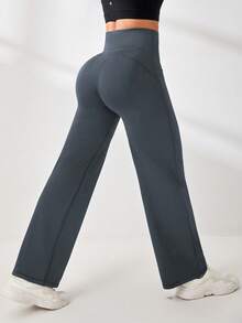 Easithlete Women's High Waist Solid Color Flared Sporty Pants With Pockets - Dark Grey - View 7