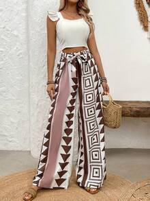 SHEIN LUNE Damen Urlaubs Hose mit geknoteter Taille, weites Bein und geometrischem Muster, lässig - Kaffeebraun - Übersicht 4