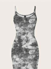 SHEIN EZwear 休閒性感極簡黑白街頭圖案印花貼身長洋裝，適合夏季夜店外出 - 灰色 - 查看 3