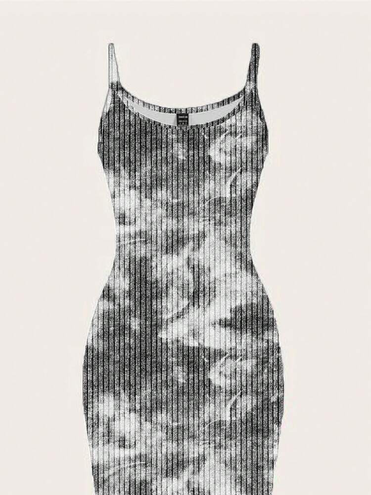 SHEIN EZwear Vestido maxi de Body ceñido con estampado gráfico de teñido anudado minimalista y casual, adecuado para el verano - Gris - Añade 3
