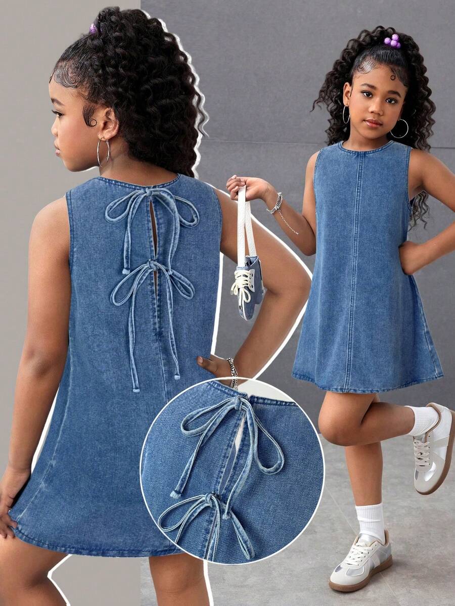 SHEIN Tween Girl Backless Tie Crew Neck Sleeveless Casual Denim Dress - Light Wash - View 1