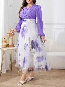 Modelyn Plus Size Women's 2026 New Elegant Floral Print Lantern Sleeve Waist Cinched Dress, Resort Style - Multicolor - View 6