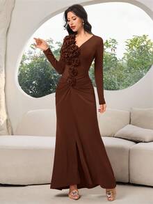 Modelyn Women's Elegant 3D Floral Decor Ruched Long Sleeve Dress,Coffee Brown Chocolate Autumn Formal Dress For Dining,Classy Wedding Guest Solid Color Gown - Coffee Brown - View 5