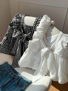 Comfortcana Áo kiểu nữ ngắn tay thắt nơ, dệt hai màu. - Đen và trắng - Xem 5