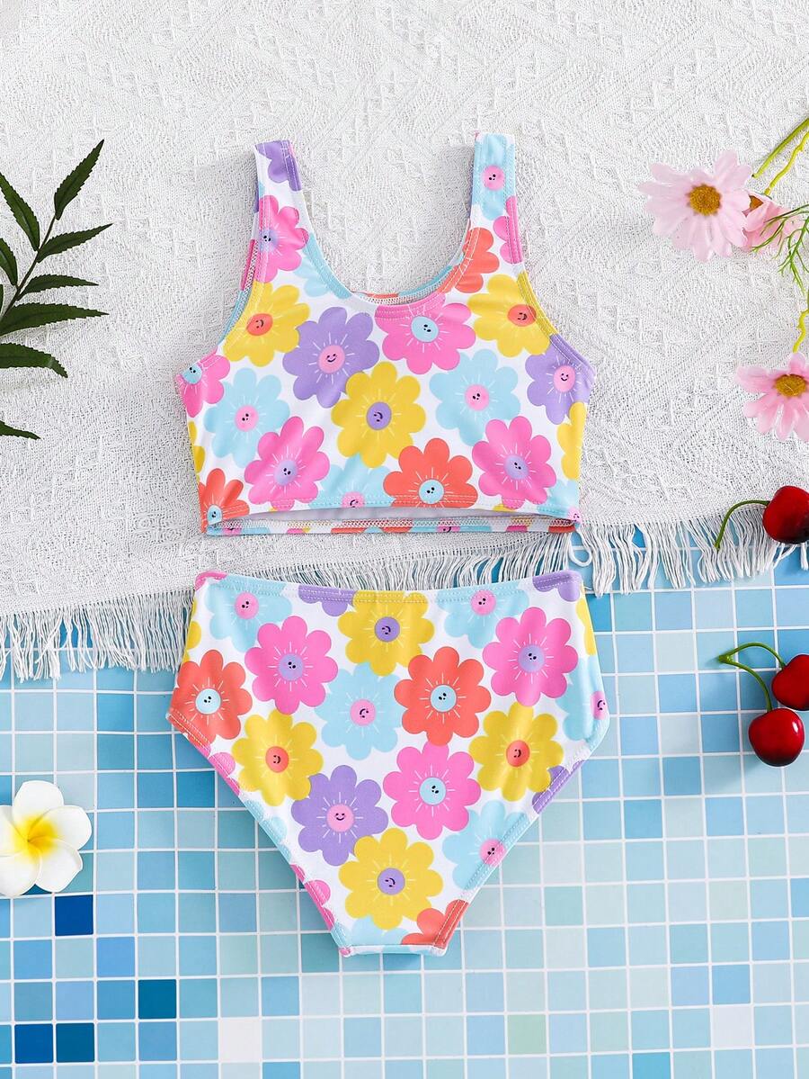 Emery Rose Kids Emery Rose Kids Summer Beach Vacation Cute Smiling Face Random Print Young Girl Camisole Bikini 2 Pieces Set Matching Swim Suits Girls Girls Multicolor Swimsuit Matching Sister Bathing Suits Two Piece Girls Swimsuit Girls Floral Bathing Suit Bikinis For Kids Bathing Suits Matching Bathing Suits For Girls Sibling Matching Swimsuit Beachwear For Kids - Baby Pink - View 1