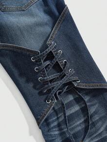 ROMWE Grunge Punk Quần jeans ống loe ôm sát, phối màu theo phong cách Y2K Millennium Babe dành cho nữ. - Màu xanh lam - Xem 4