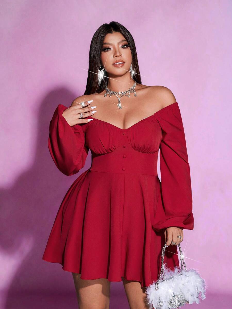 Viva Relle Bộ jumpsuit dáng rộng, màu trơn, thanh lịch, thắt eo, trễ vai, tay phồng, thích hợp cho mùa thu. - Đỏ - Xem 1