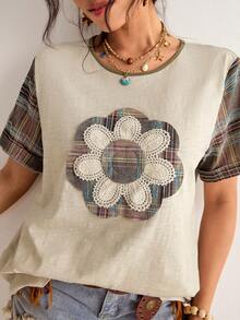 Freevana 大码复古拼接短袖T恤，米色格子花卉贴花设计二合一上衣，做旧质感休闲修身女式短袖T恤 - 杏色 - 查看 7
