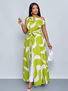 SHEIN PETITE CURVE Áo dài nữ cỡ lớn màu xanh lá cây, kiểu dáng mới mùa xuân/hè, cổ áo bất đối xứng, thắt nơ phía trước, dáng rộng thoải mái, ôm sát, xẻ tà trước, buộc dây một vai, áo dài phối màu ngẫu nhiên, thích hợp cho đi làm hàng ngày và đi nghỉ mát. - màu xanh lá - Xem 5