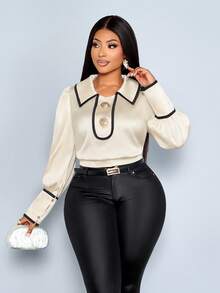 SOLERSUN Áo sơ mi dài tay cỡ lớn, chất liệu satin bóng màu đen và mơ phối màu tương phản, cổ áo búp bê, cổ polo, khóa kim loại, tay phồng xếp ly, kiểu dáng Qianjin, thích hợp cho hẹn hò, ăn tối, tiệc cocktail, lễ tốt nghiệp, đám cưới, năm mới, lễ hội, buổi hòa nhạc, thanh lịch, trẻ trung, lãng mạn, thời trang nữ. - Màu be - Xem 5