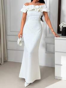 女士珍珠点缀荷叶边领晚礼服 – 白色优雅正式礼服，吸睛长裙，精致特殊场合着装，现代鸡尾酒会礼服，戏剧性领口，奢华时尚，独特晚宴礼服，别致婚礼宾客装扮，优雅庆典礼服 - 白色 - 查看 5