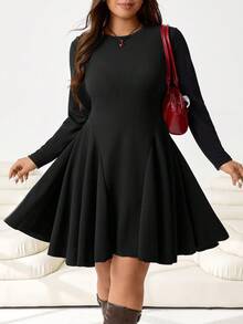 Solflare Plus Size Women Casual Solid Color Round Neck Long Sleeve Dress, Autumn/Winter