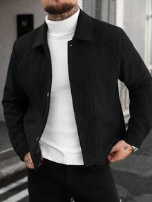 Manfinity CasualCool Chaqueta de botones con cuello de lana gris de estilo casual y maduro para hombres de Manfinity, ajuste regular, ideal para Halloween, Navidad, salidas diarias y reuniones de negocios casuales, en ropa exterior para hombres, regalo perfecto para novios/esposos en aniversarios. Abrigo negro - Negro - Ver 4