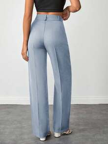 EURMUSE Pantalones rectos de cintura alta de unicolor para mujer de talla pequeña para uso diario - Gris Claro - Ver 2