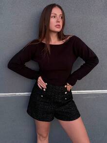 Kuleshova Damen Einfarbiger Pullover mit asymmetrischem Ausschnitt, Lässig, Langarm, Rot, Lässig Party Elegant Zuhause Sexy für Herbst Winter Lässig Weihnachten Halloween Neujahr Asymmetrisches Oberteil - Schwarz - Übersicht 4