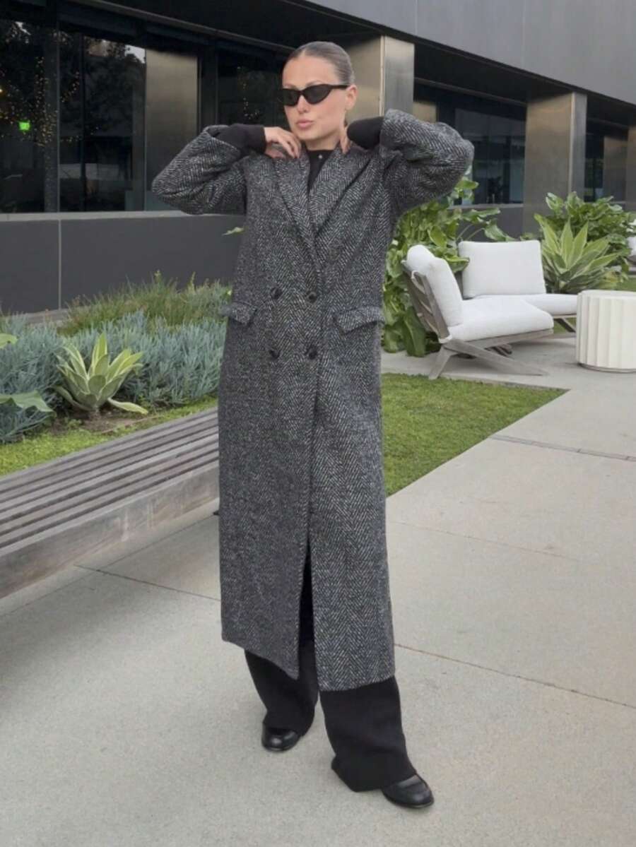 Kuleshova Abrigo largo de mujer de doble botonadura con bolsillos, de manga larga, informal, para otoño/invierno - Blanco y Negro - Ver 1