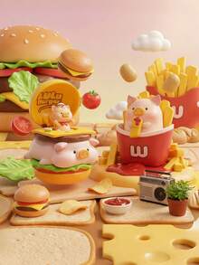 POKOJA LAND 盲盒收藏人偶礼品，可爱装饰，LULUAI 汉堡猪盲盒人偶 - 4 款常规款（无隐藏款），ABS 材质收藏玩具，快餐主题设计（汉堡盒、薯条杯、外卖车），送给亲朋好友的贴心礼物，独特的厨房/餐桌装饰，可爱的食物主题人偶套装，适合人偶收藏家和美食爱好者。 - 潮玩盲盒 - 查看 4