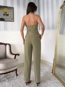 EURMUSE Summer Elegant Commuter Solid Color Backless Halter Vest & Pants Suit - Khaki - View 2