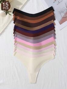 15pcs/Pack Women's Seamless Simple Low-Rise Thong Panties - Multicolor - View 3