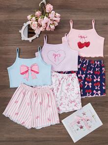3 Stücke/Set Mädchen Lässig Süß Cartoon Herz, Schleife, Kirsche Muster Weste und Shorts Pyjama Set, Sommer - Verschiedenfarbig - Übersicht 4
