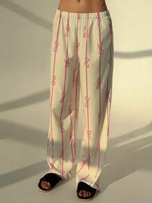 Aloruh 女士蝴蝶结印花前系带长袖衬衫和裤子休闲两件套春季女装情人节女装粉色蝴蝶结图案家居服套装，舒适休闲女士睡衣套装 - 粉色 - 查看 7