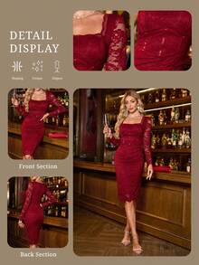 Gownix فستان متوسط الطول ضيق مع رقبة مربعة وأكمام طويلة، من الكنز المحبوك المرن مع كشكشة من الدانتيل، أنيق وجذاب للاستخدام اليومي وحفلات المناسبات في فصلي الخريف والشتاء - الأحمر - مشاهدة 10