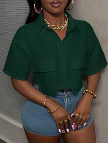 Slaydiva Áo croptop cổ polo trắng có túi, kiểu dáng thường ngày năng động, tay ngắn, có túi tiện dụng dành cho nữ, áo sơ mi công sở nữ, áo kiểu nữ, áo blouse công sở, trang phục công sở cho nữ. - màu xanh lá - Xem 5