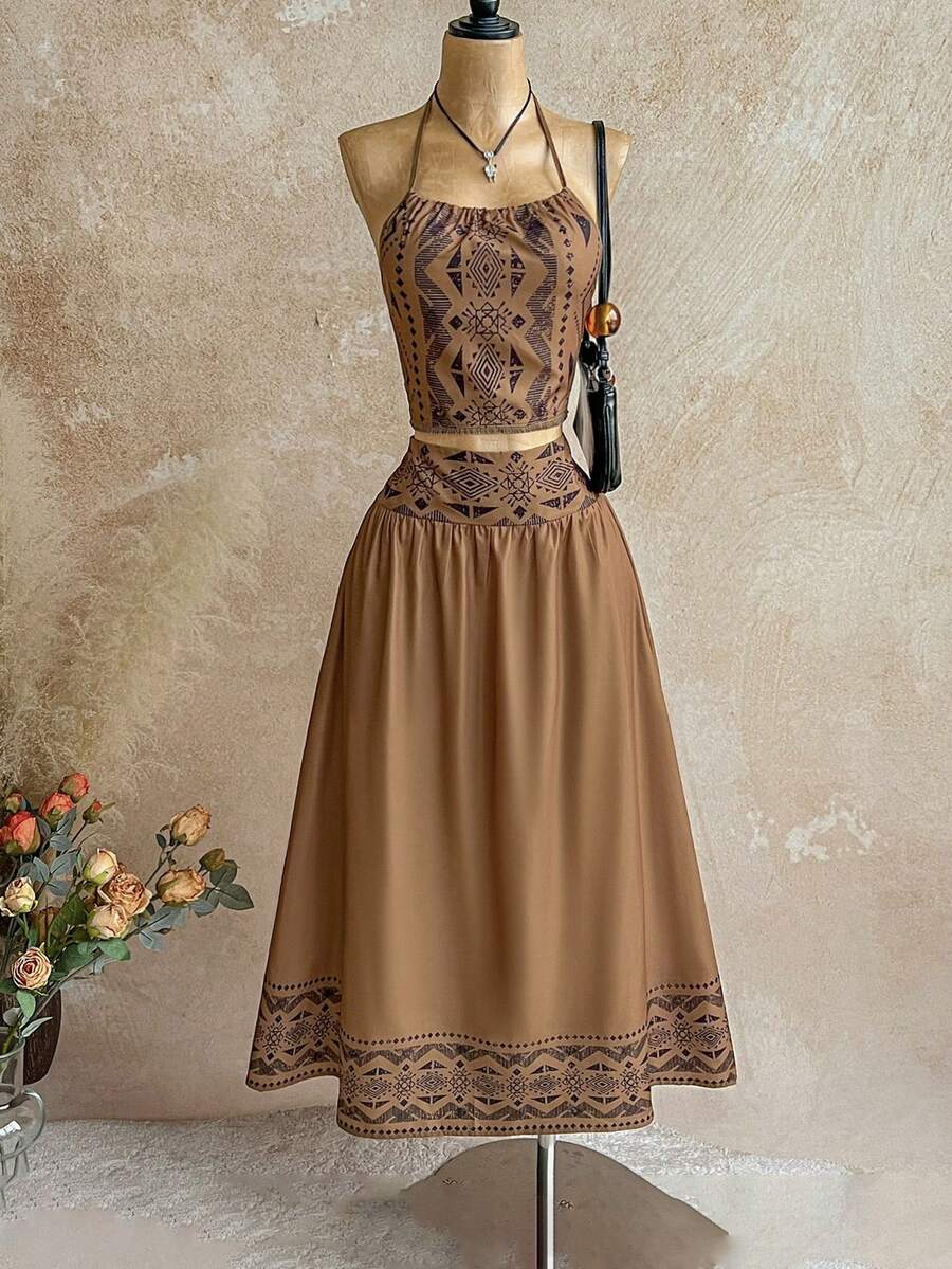 Soleia 2 件波西米亚度假露背系带流苏上衣和流苏印花焦糖色半身裙套装，适合派对、约会、情人节、复活节、狂欢节、下午茶、海滩、游轮、城市度假、秋冬 - 銅色 - 查看 1