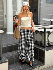 MainGRL 女士格子梭织休闲裤，简约日常穿搭 - 彩色 - 查看 1