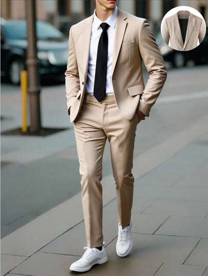 SHEIN 2 件青少年男孩绅士装 - 卡其色修身西装外套 + 正装裤，优雅休闲户外正装，适合生日派对、晚会、表演、主持、婚礼季、返校