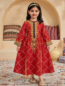 SHEIN Vestido de manga larga con cuello redondo, estampado floral diminuto, informal para vacaciones de Ramadán para niñas jóvenes - Rojo - Ver 4