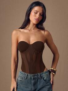 SHEIN BAE Bộ đồ liền thân hở lưng bất đối xứng phối lưới mỏng gợi cảm màu đen, phù hợp cho mùa thu/đông, Giáng sinh, Halloween, Ngày của người chết - Cà phê nâu - Xem 4