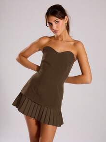 MUSERA 这款复古撞色褶裥连衣裙，适合假日度假、夏季早午餐、优雅可爱的婚礼宾客、海滩之夜、约会之夜和派对等场合。 - 棕色 - 查看 3