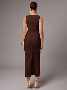Silquee Vestido ajustado de unicolor con cuello asimétrico y drapeado, elegante - Café integral - Ver 2