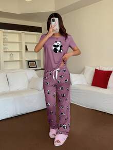 Dream Adore Panda Print Short Sleeve Top And Pants Pajama Set - Purple - View 4