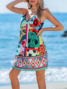 Sylviya 幾何和花卉圖案撞色拼接圖案吊帶洋裝