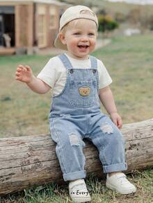 Cozy Pixies Baby Boy Cartoon Bear Print Bib Overall Denim Pants - Blue - View 1