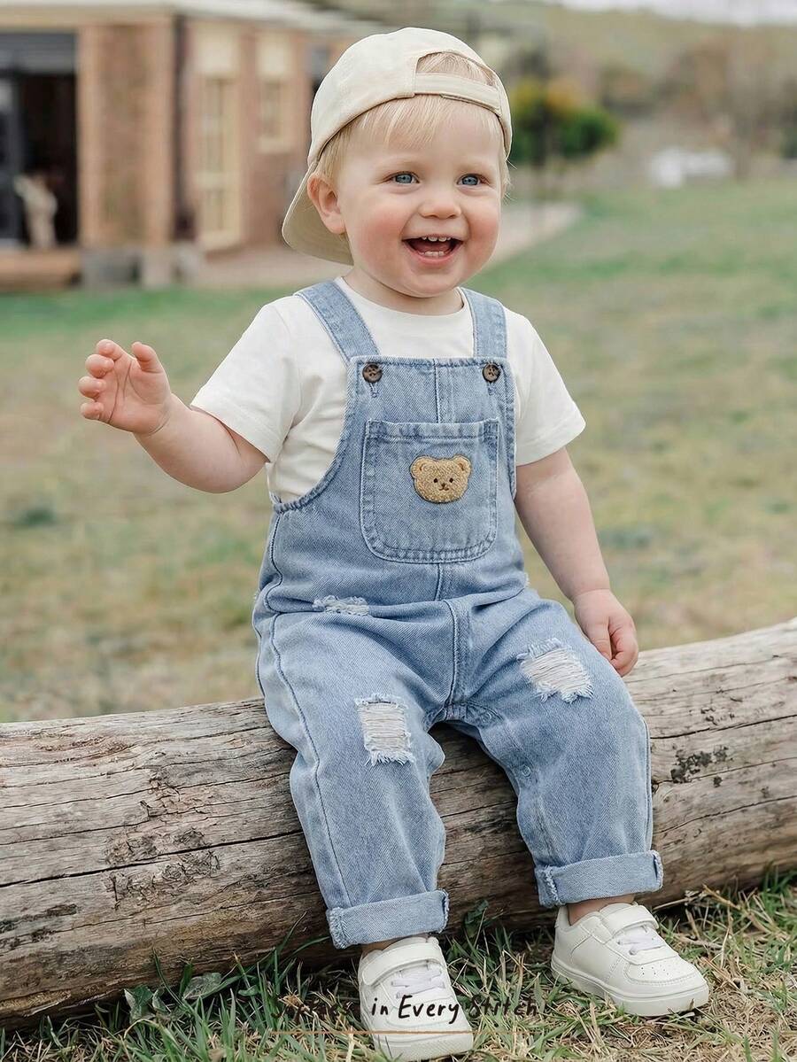 Cozy Pixies Baby Boy Cartoon Bear Print Bib Overall Denim Pants - Blue - View 1