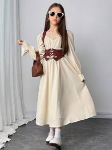 Firerie Kids Firerie Kids Nova Glow 少女撞色拼接腰部褶皱胸部可调节肩带前褶皱长袖方领中长连衣裙，适合居家和户外活动，秋冬季节，波西米亚风格 - 酒紅色 - 查看 4