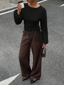 Siren Gaze 女士纯色圆领落肩长袖侧打结T恤