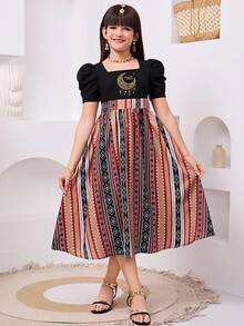 SHEIN Tween Girl Black And Beige Moon Print Puff Sleeves Patchwork Stripe Square Neck Dress,Matching Mother-Daughter Boho Summer Birthday Casual Wear - Black - View 4