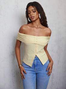 Eryvara Women's Slim Fit Jacquard Off-Shoulder Split Short Sleeve T-Shirt - Light Yellow - View 3