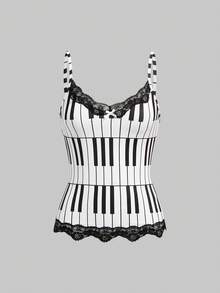 ROMWE Bộ 3 món áo hai dây ôm sát người, viền ren, in hình nốt nhạc và bàn phím piano phong cách Y2K cổ điển. - Đen và trắng - Xem 7