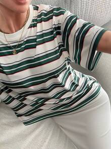 DAZY 宽松休闲条纹女式圆领落肩短袖T恤 - 綠色 - 查看 1