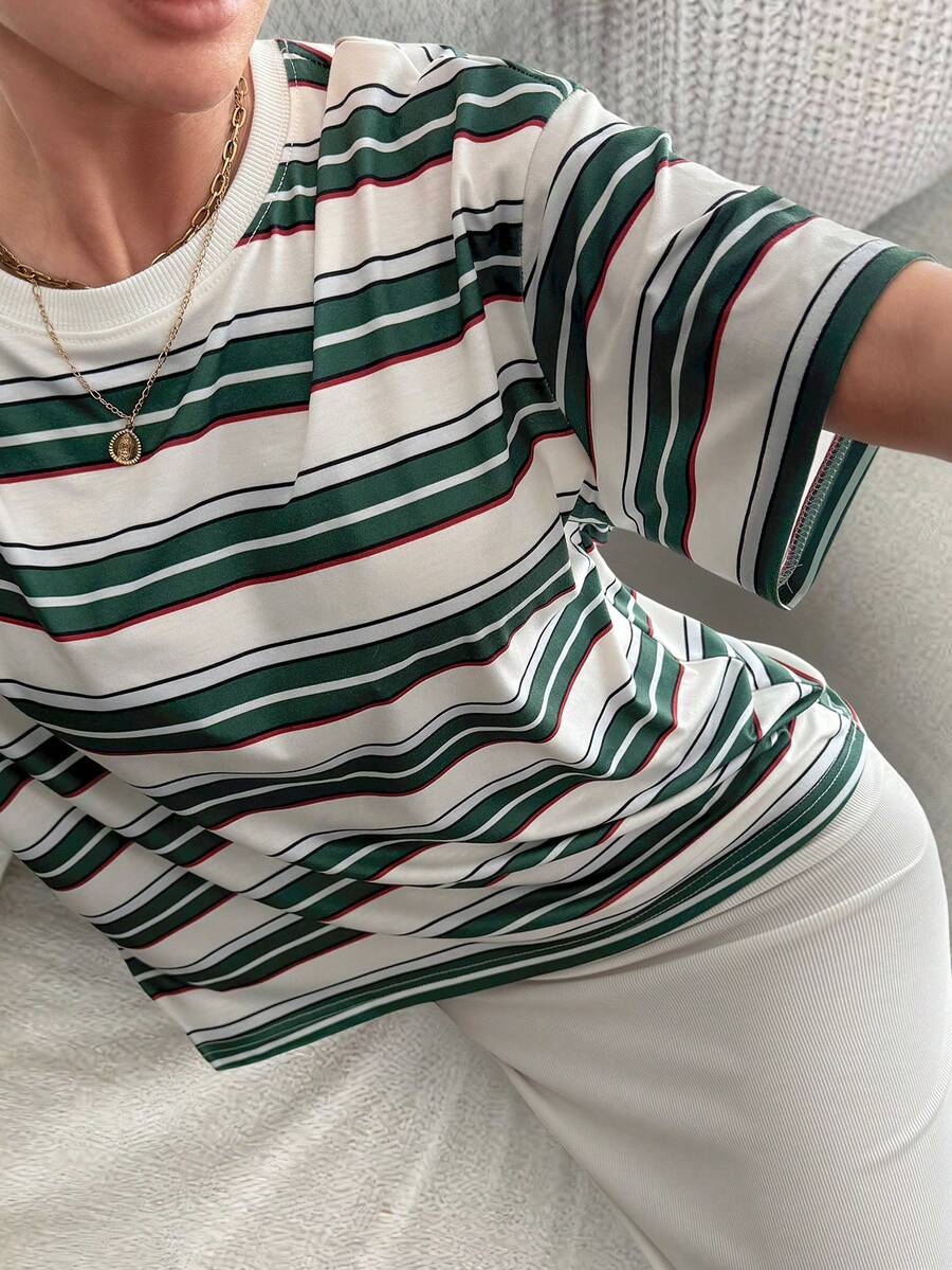 DAZY 宽松休闲条纹女式圆领落肩短袖T恤 - 綠色 - 查看 1