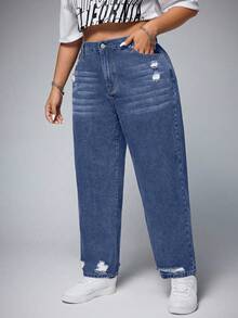 SHEIN ICON Plus Size Casual Washed Distressed Denim Jeans - Dark Wash - View 6