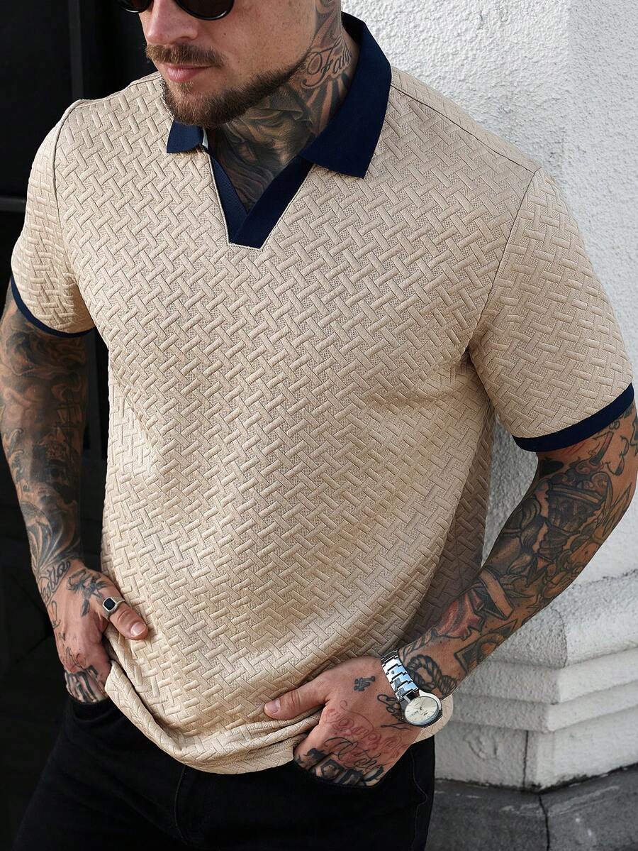 Manfinity Homme Áo polo nam cỡ lớn tay ngắn phối màu tương phản, kiểu dáng thường ngày, thích hợp đi làm. - Màu Khaki - Xem 1