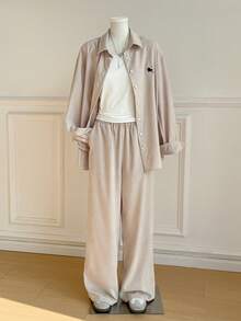 SHEIN EZwear Bộ 2 áo sơ mi và quần nhung kẻ, Thu/Đông - Màu be - Xem 4