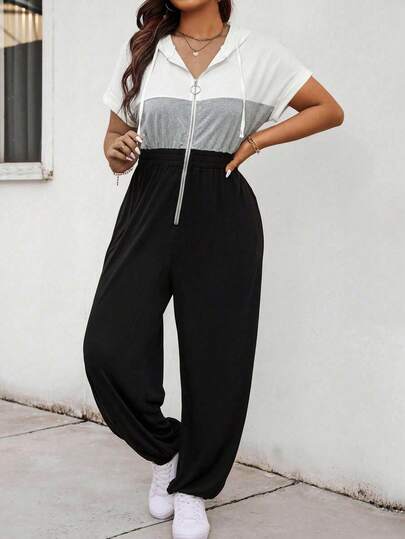 EMERY ROSE 大码短袖V领纹理前拉链腰部抽绳连帽连体裤，休闲通勤皆宜。